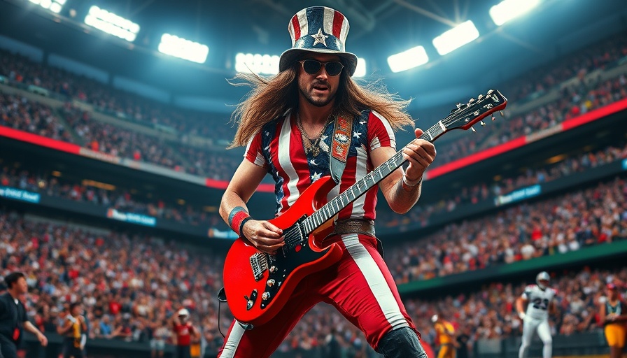 Musician performs national anthem on guitar at NFL game.