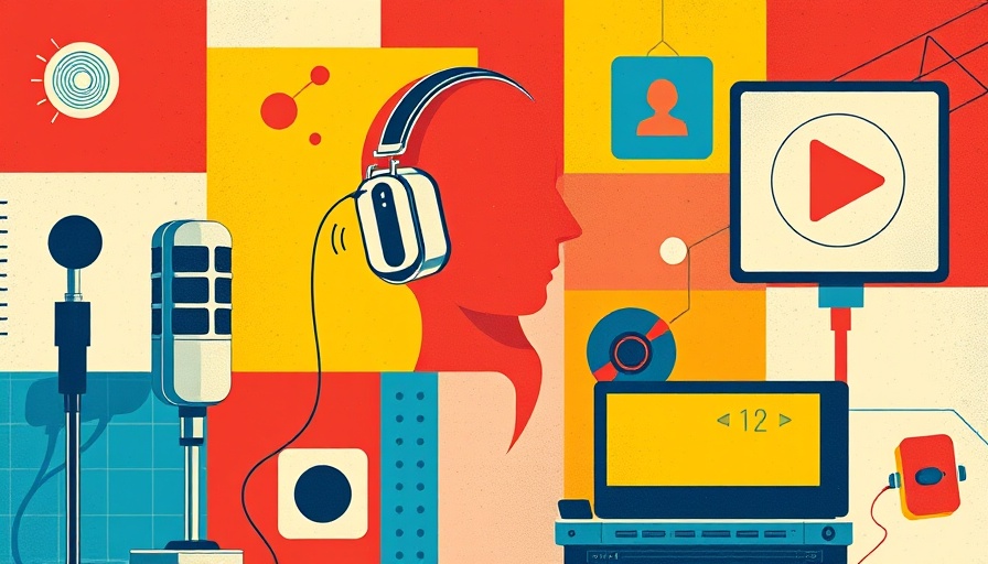 Vibrant retro graphic illustrating podcast theme with microphones and tech elements.
