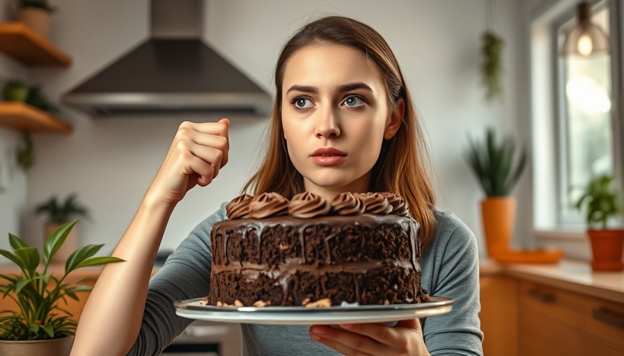 Young woman hesitates with chocolate cake, depicting brain cravings and satiety.