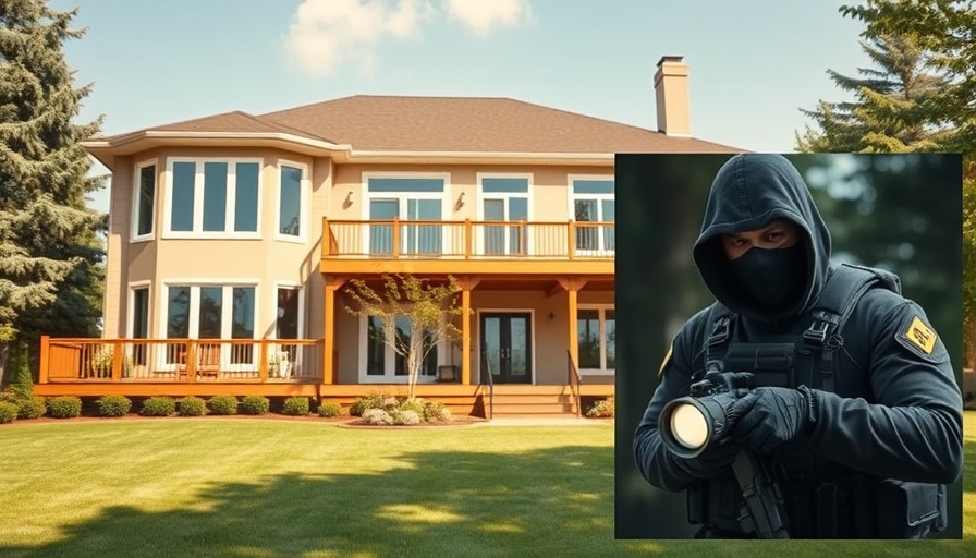 Modern beige house with deck and mysterious inset figure; search for Vance Boelter.