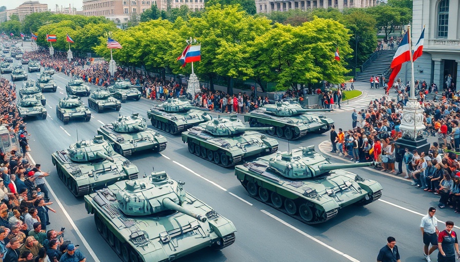 Vibrant military parade energy, tanks on city street with spectators.