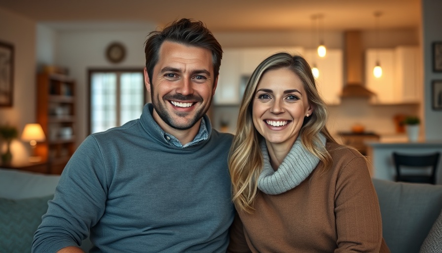 Casual smiling couple indoors, warm lighting.