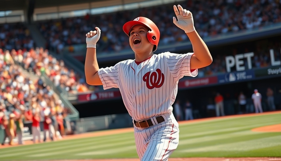 Young baseball player celebrates home run; perfect Father's Day gift.