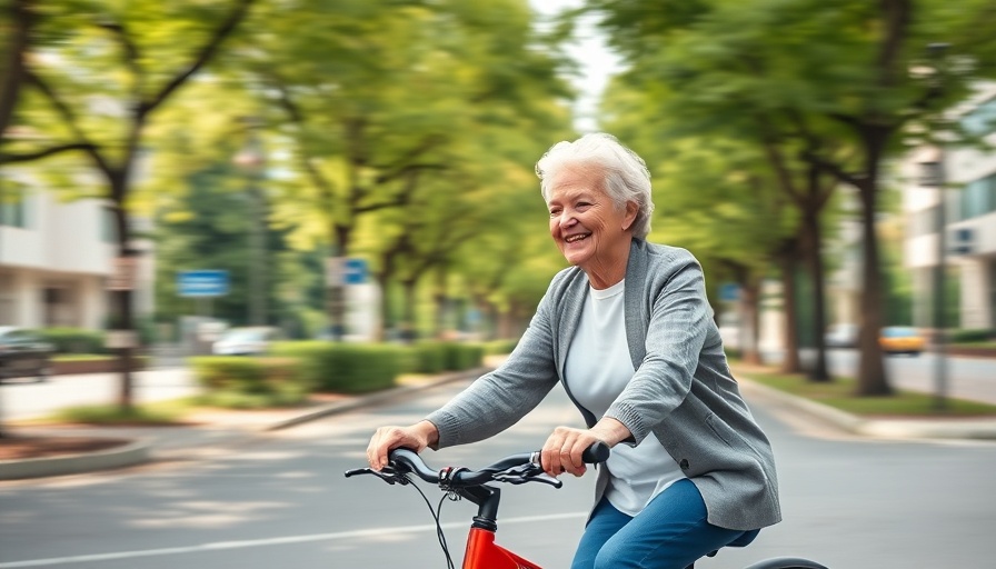 Elderly woman enjoying a bike ride on a tree-lined street, illustrating how biking promotes healthy brain aging.