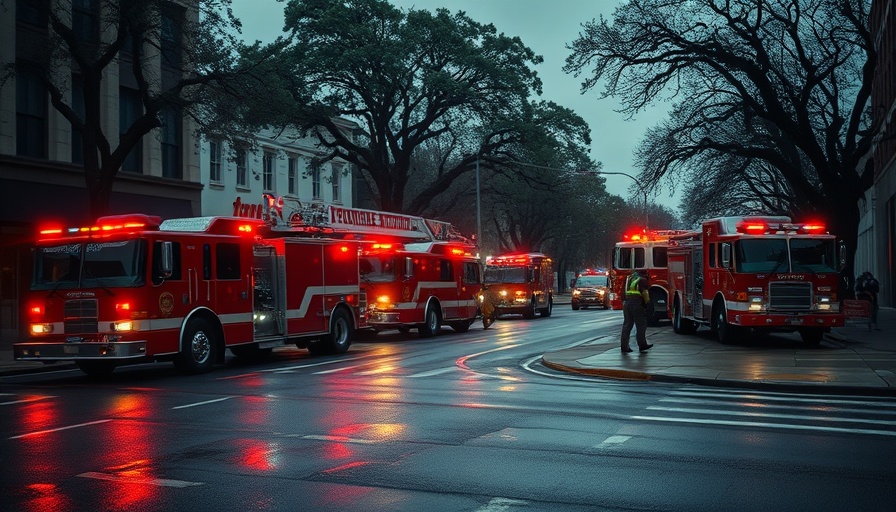 Emergency response in San Antonio flood recovery, fire trucks and responders.