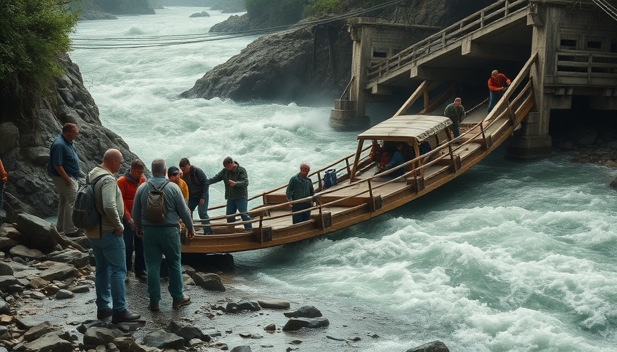 Tourists and rescuers at collapsed bridge in India, emphasizing safety concerns.