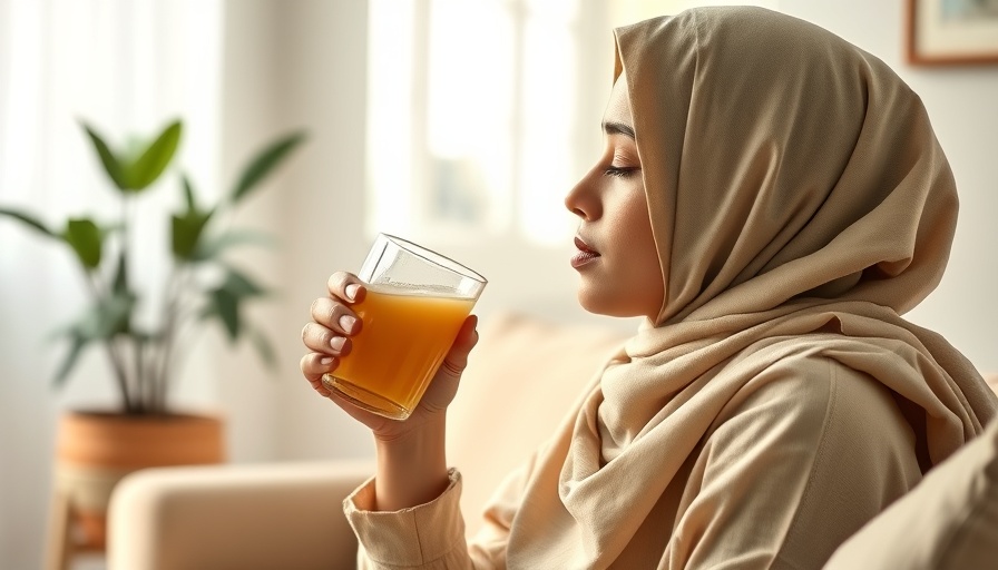 Serene moment of a person with headscarf enjoying a drink, highlighting psilocybin benefits for cancer patients.
