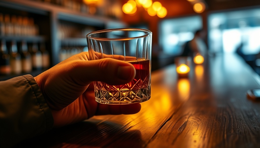 Close-up of a hand holding a whiskey glass on a dimly lit bar.