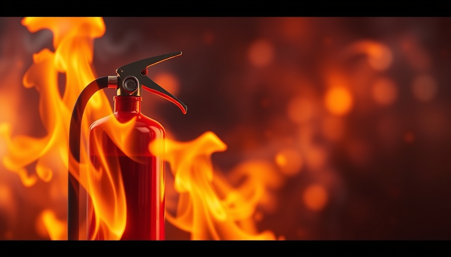 Fire safety awareness abstract scene with flames and extinguisher.