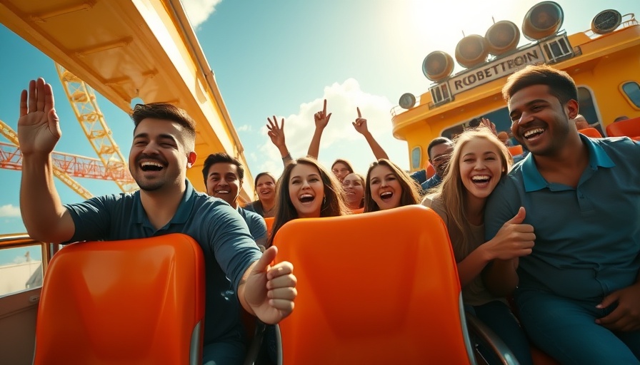 ROBOTRON cruise ship thrill ride with excited passengers, Galveston.