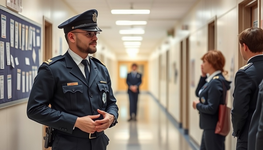 Frisco ISD School Marshal standing in a school hallway.