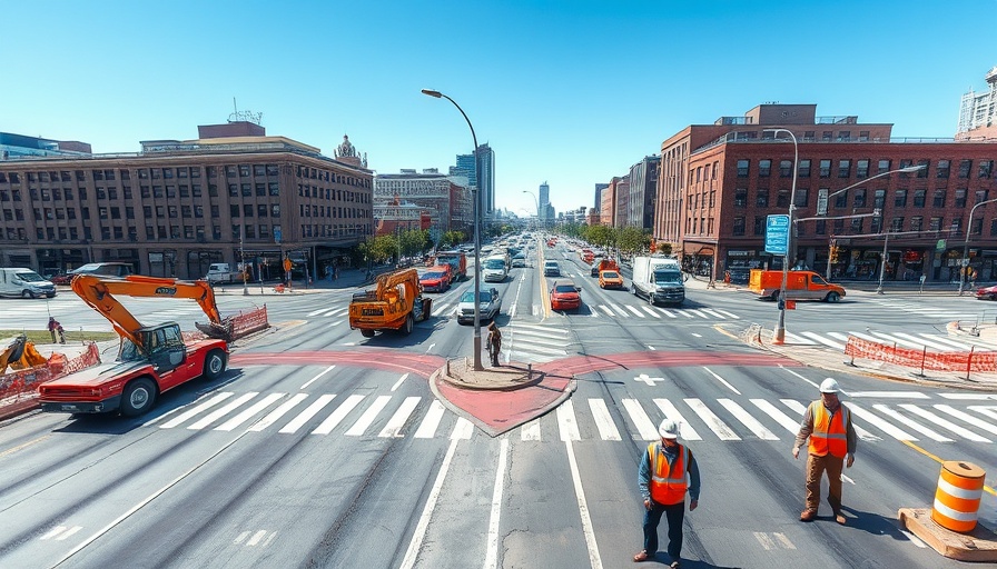 FM 407 intersection improvements with construction machinery and city backdrop.