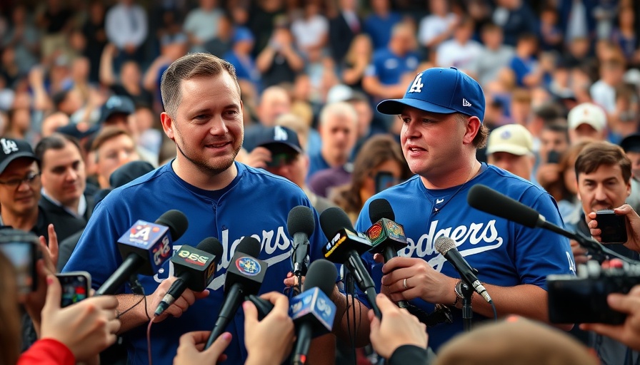 Individuals at Dodgers press conference surrounded by media.