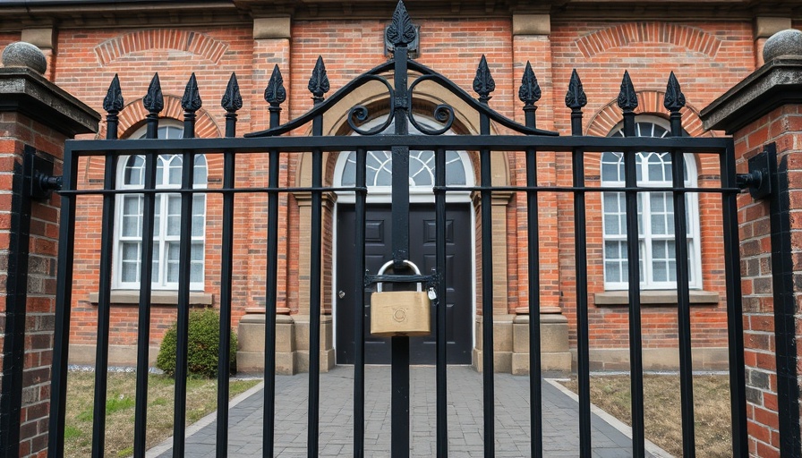 Locked gate in front of school building representing ban on facility use.