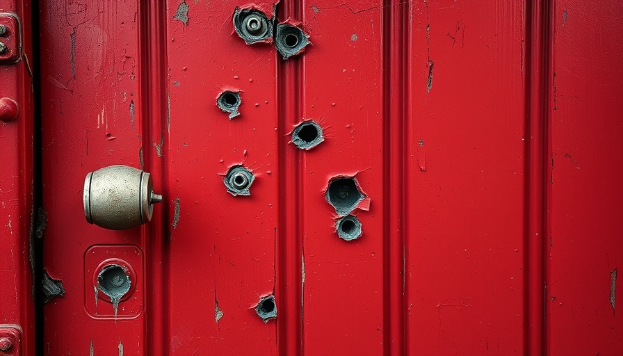 Bullet-riddled red door; symbol of political violence in the USA.