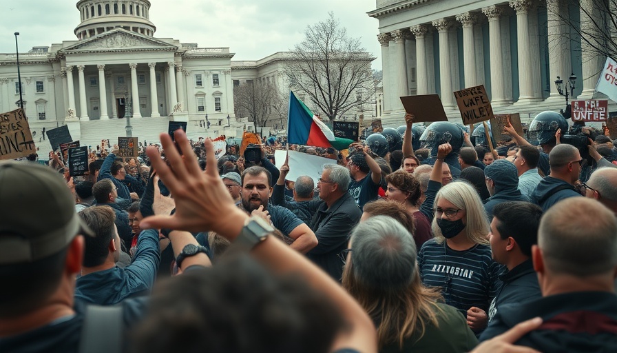 Intense political protest with tense crowd and government background.
