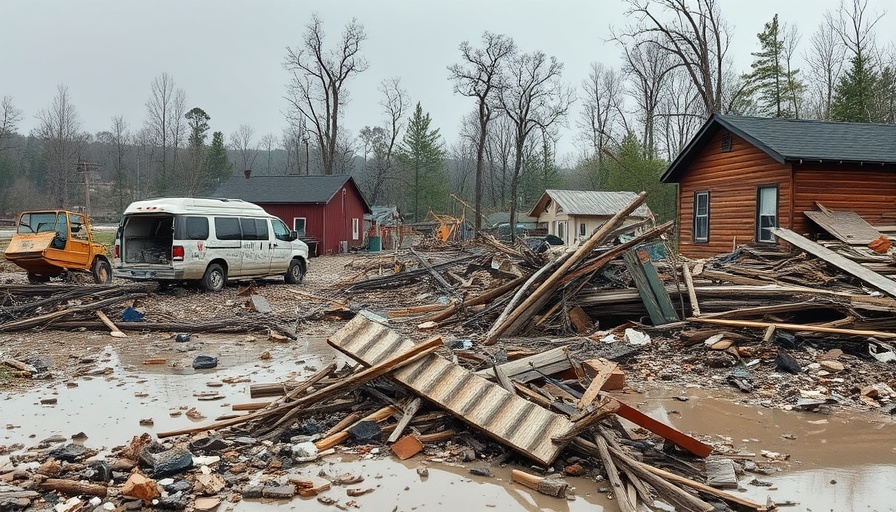 Flash flood devastation in West Virginia with scattered debris and rubble.