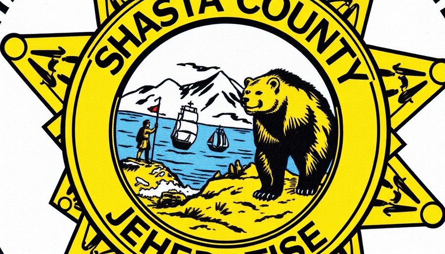 Shasta County Sheriff emblem with coastal scene.