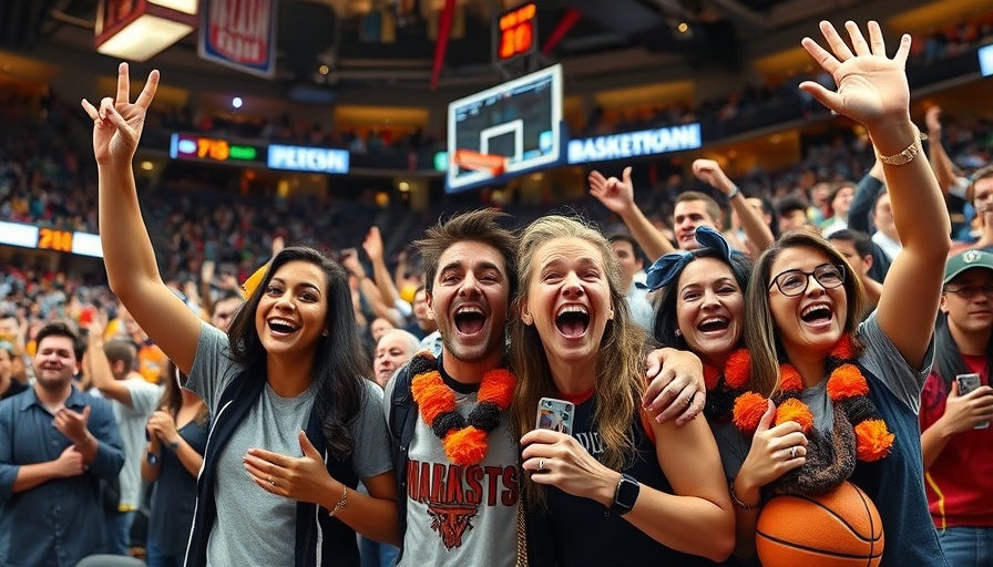 Excited basketball fans celebrating, vibrant sports arena.