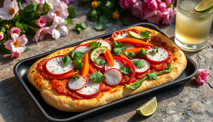 Gourmet Banh Mi grilled pizza with toppings on a tray.