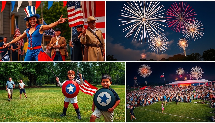 Vibrant collage of Fourth of July events in Houston with fireworks.