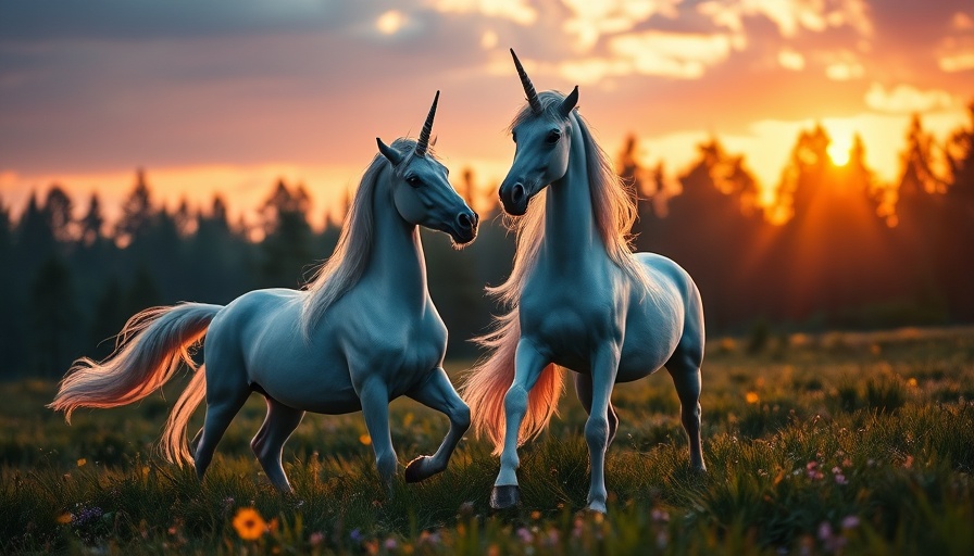 Unicorns celebrating victory in a fantasy landscape at dusk.