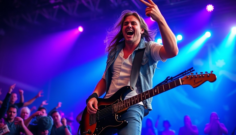 Rock frontman energetically performs on stage with vivid lighting.