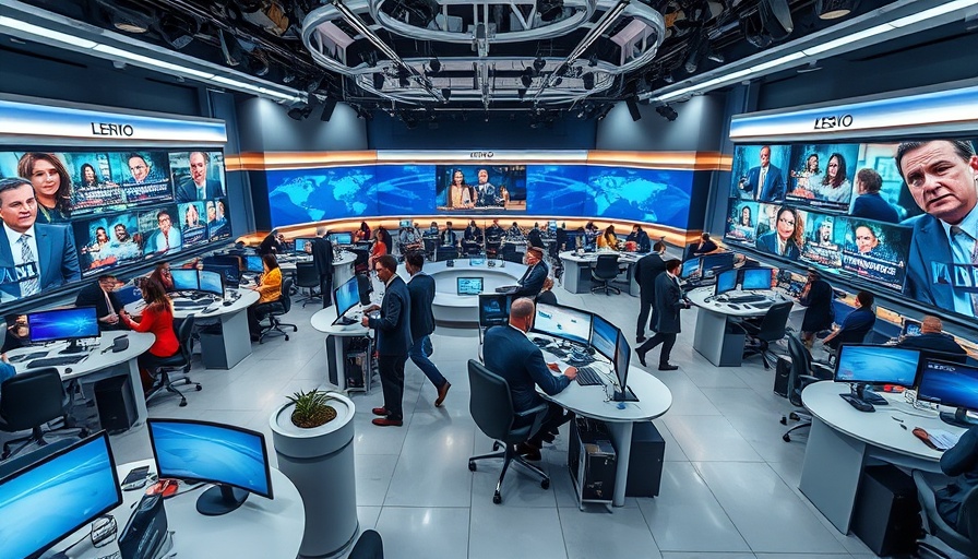 Modern newsroom with journalists and news screens.