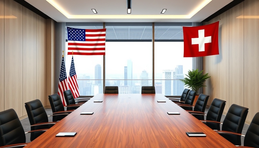 U.S. Swiss diplomatic relations meeting room with flags and conference table.