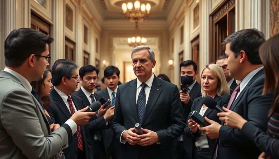 Journalists interview central figure in government building hallway for Iran negotiating table.