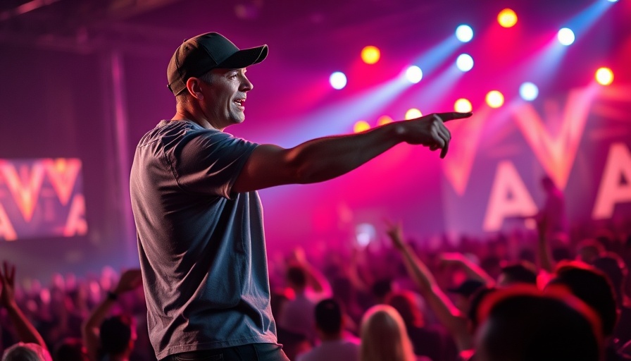 Rock band frontman energetically performing on stage under vibrant lights.