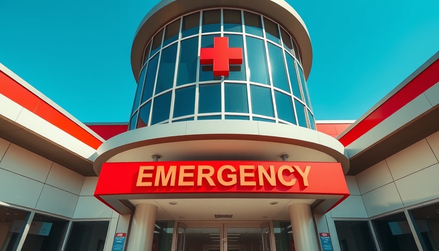 Entrance of hospital emergency room with red signage under blue sky.