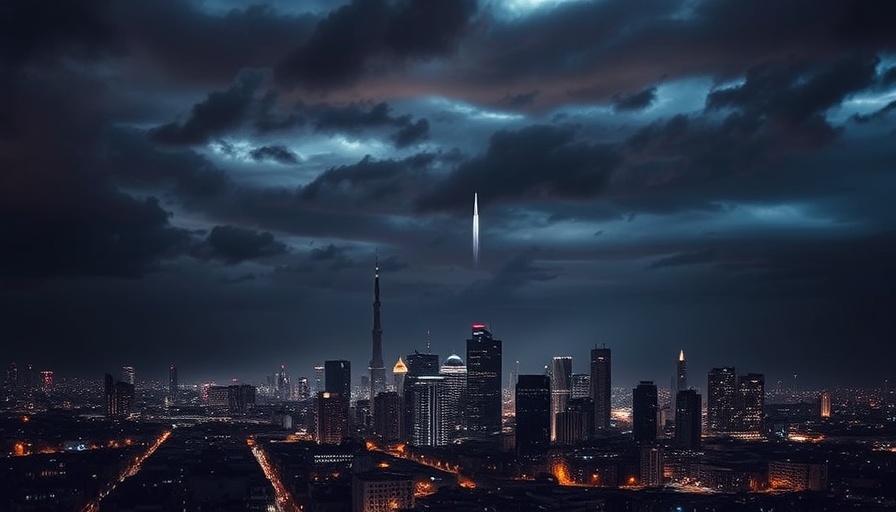 Nighttime Tehran skyline with visible missile trails, intense scene.