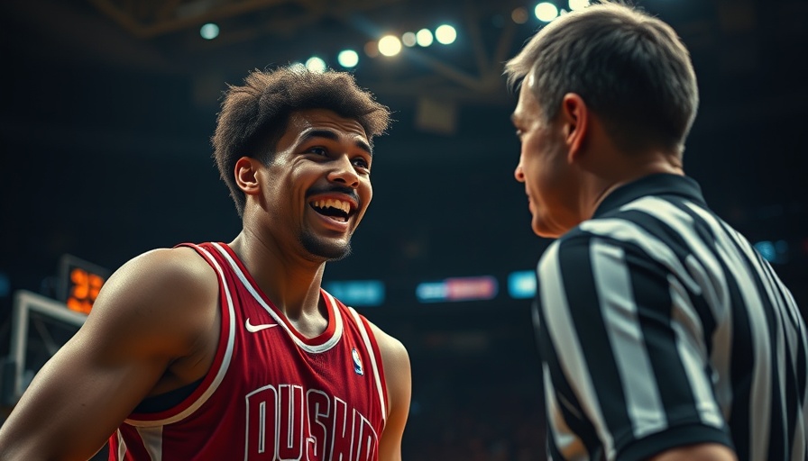 Basketball player discusses with a referee on the court.