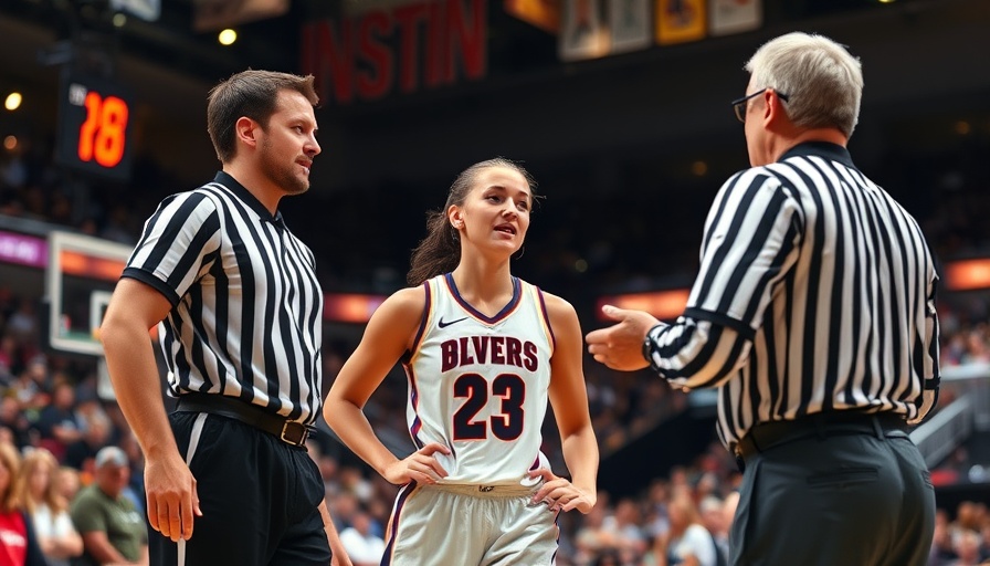 Female basketball player interacts with referee during game.