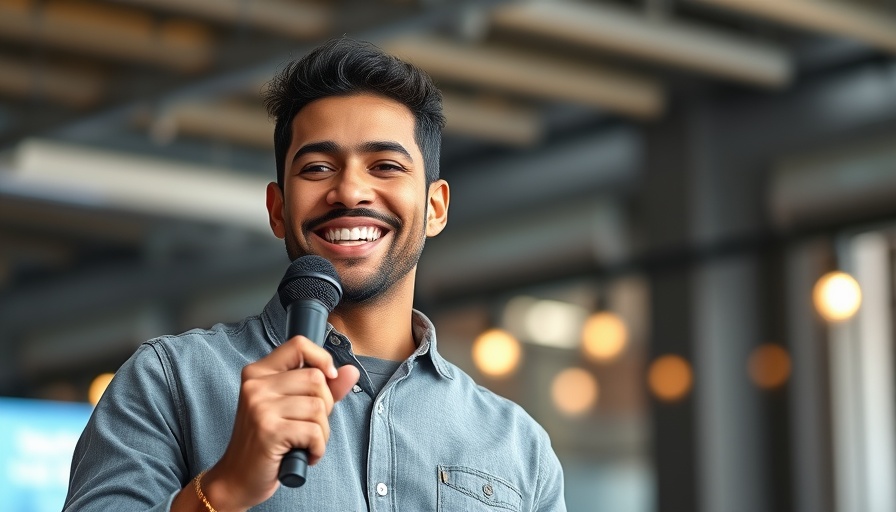 San Antonio cultural event performer holding a microphone and smiling indoors.