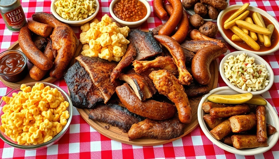Texas BBQ feast on checkered tablecloth - foodie day trips from San Antonio.