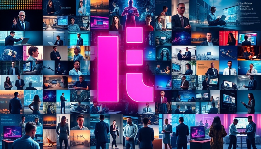Vibrant tech collage with diverse scenes and pink I logo, Meta AI Investors.