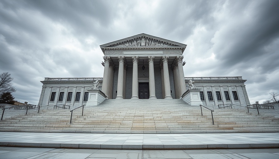 Neoclassical courthouse under stormy sky symbolizing justice.