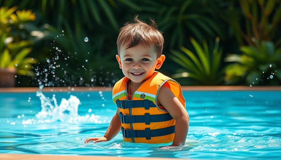 Vibrant scene of a child by a pool wearing a life jacket, emphasizing child safety around pools.