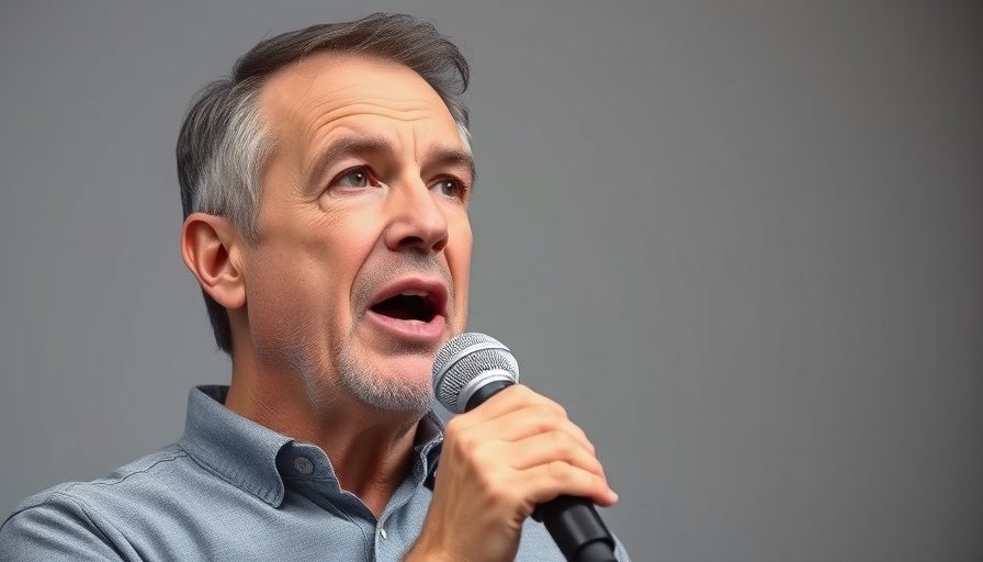 Middle-aged man speaking passionately about organic foods, close-up.