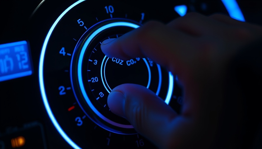 Futuristic CO2 control dial with hand adjusting, AI models CO2 emissions concept.