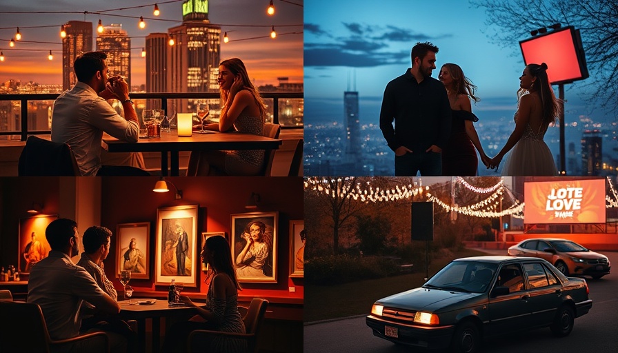 Houston date night ideas collage with rooftop dinner, dancing, movie, and art.