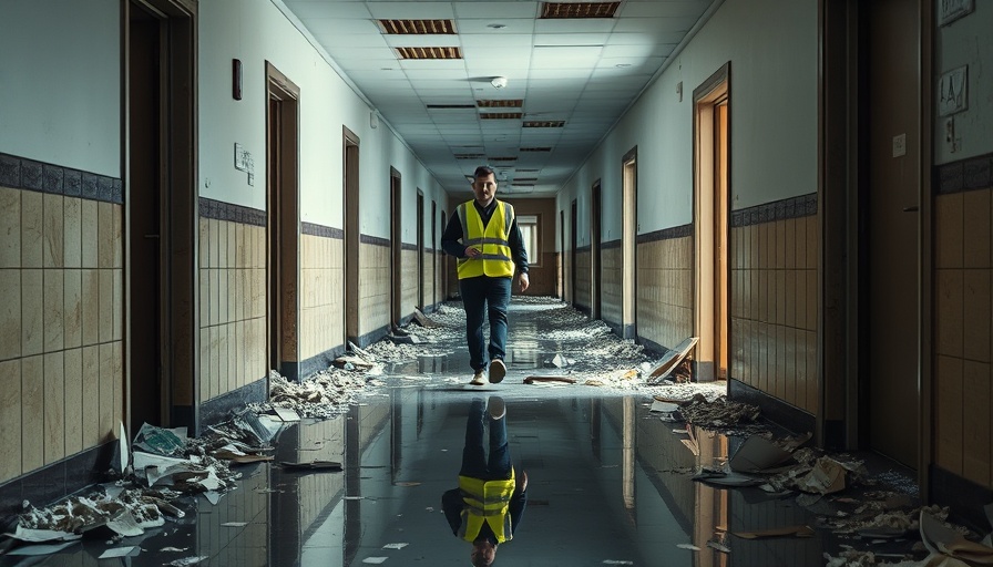 Damaged corridor in breaking national news scene with debris.