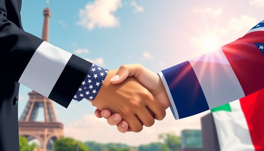 Illustrative handshake symbolizing US-France relations with iconic landmarks.