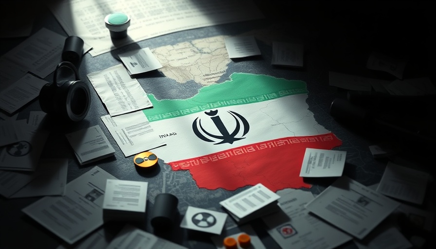 Conceptual illustration of Iran nuclear weapons assessment with map and documents.