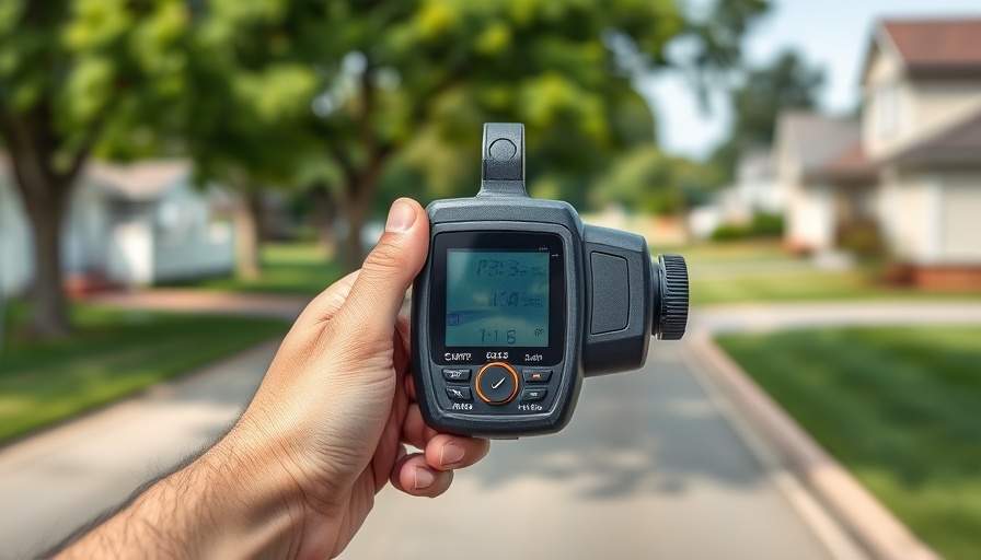 Handheld speed radar showing 98 MPH in suburban neighborhood