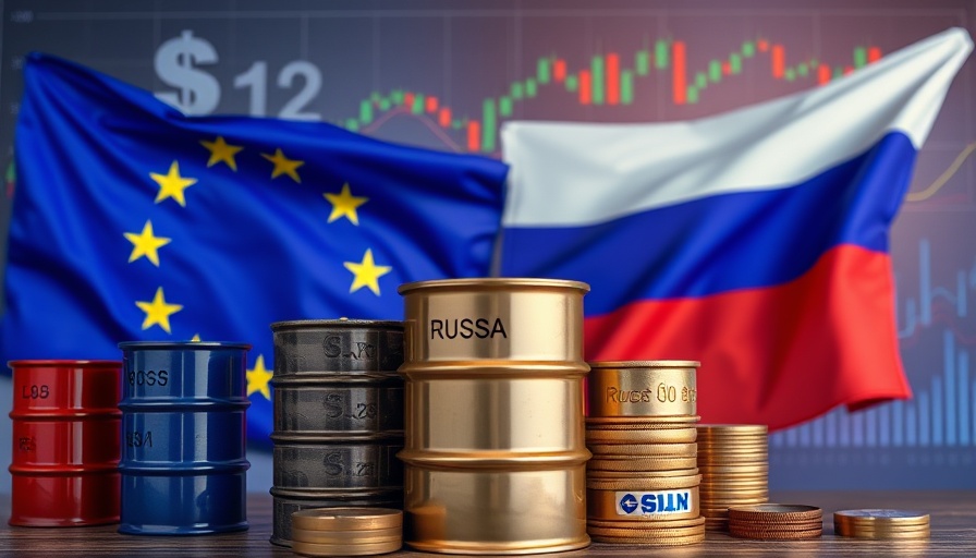 EU Russian oil price cap concept with oil barrels and flags.