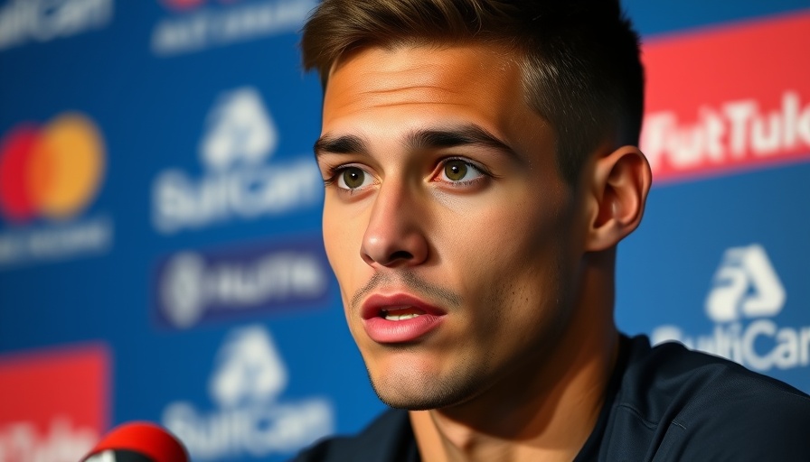 Focused young athlete at press conference with branded backdrop.