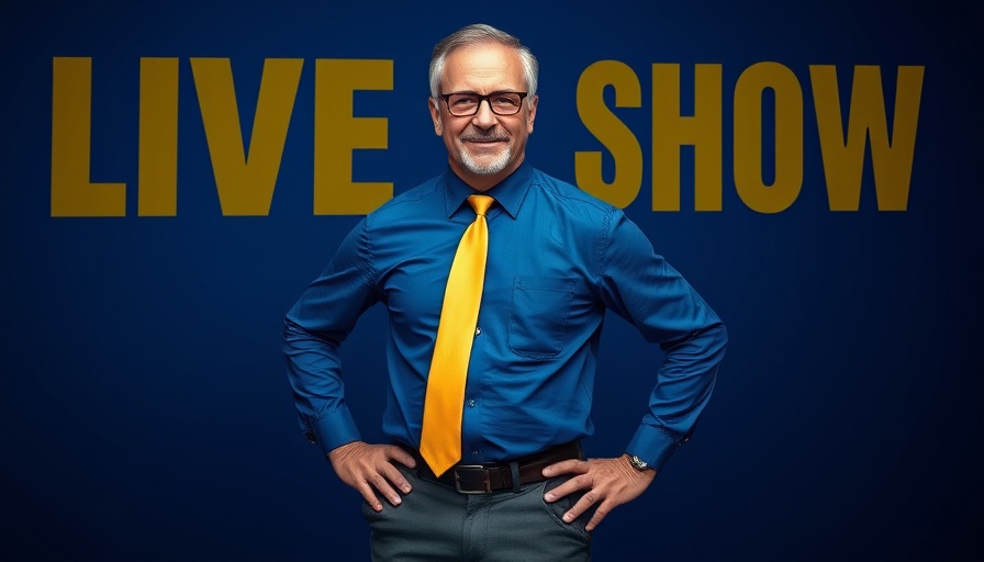 Live show promotional poster with middle-aged man in blue shirt.
